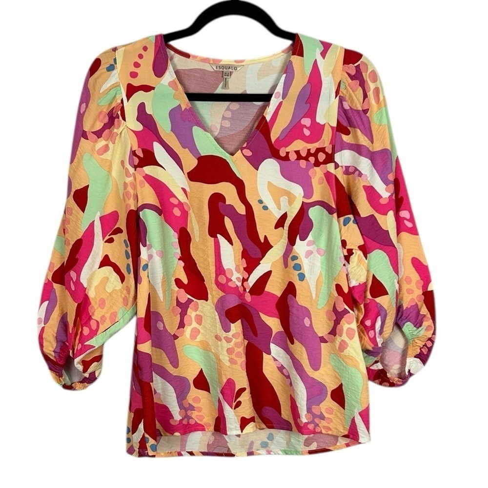 Esqualo Heat Wave Boho Retro Colourful Balloon Sleeve Blouse Size 4 Pink Orange - Picture 2 of 14